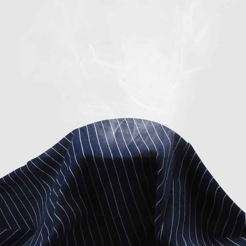Navy blue fabric with white pinstripes on a light gray background