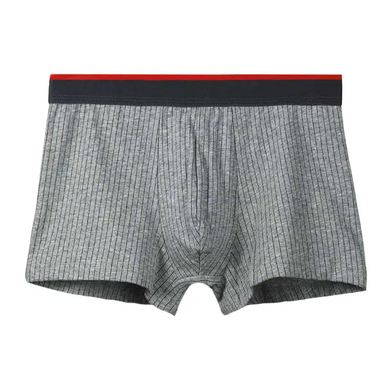 Gray boxer briefs with a black waistband on a white background