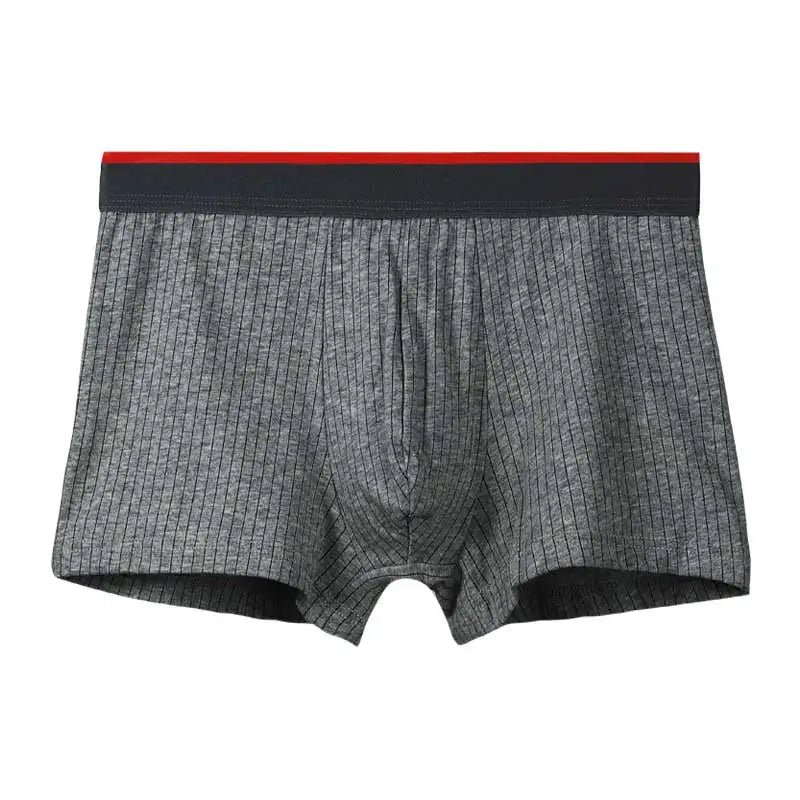 Gray boxer briefs with a black waistband on a white background