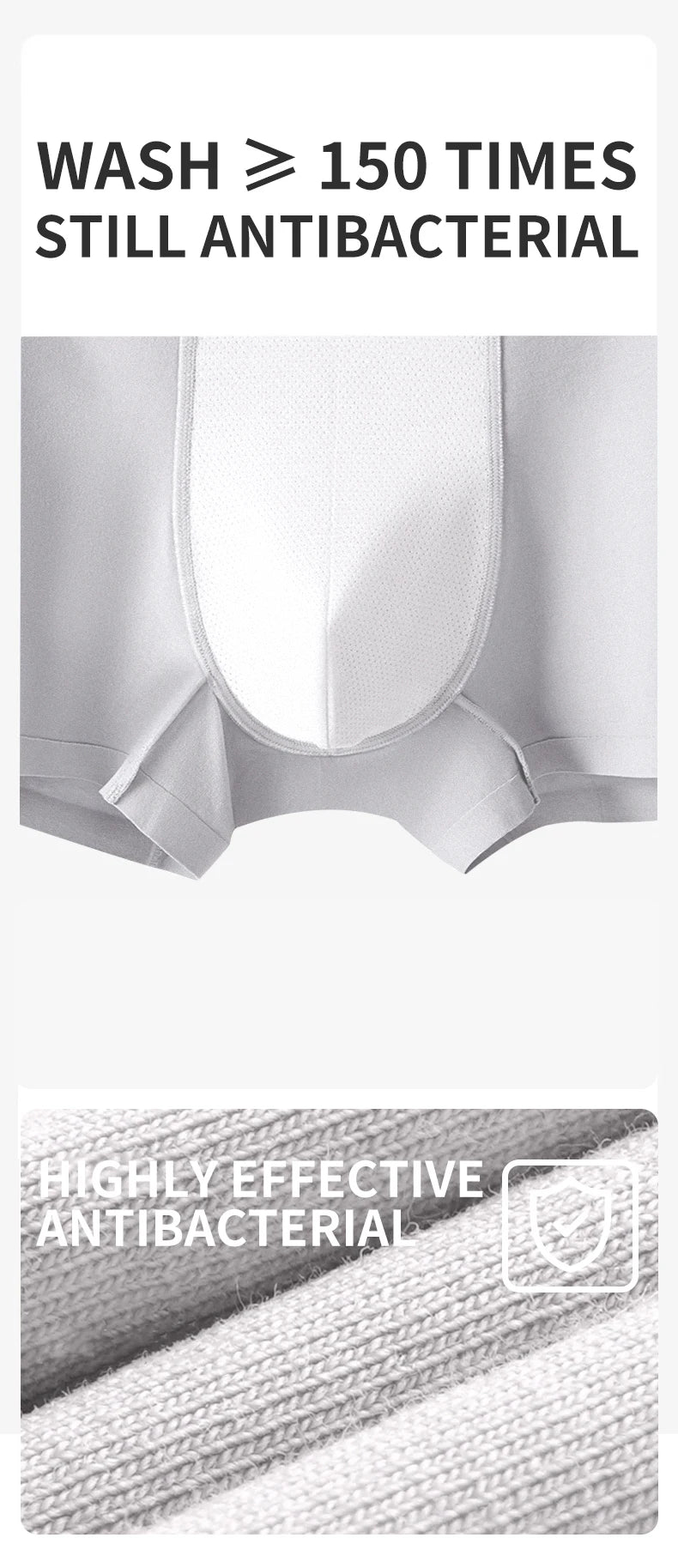 Text indicating antibacterial properties with a close-up of fabric below.