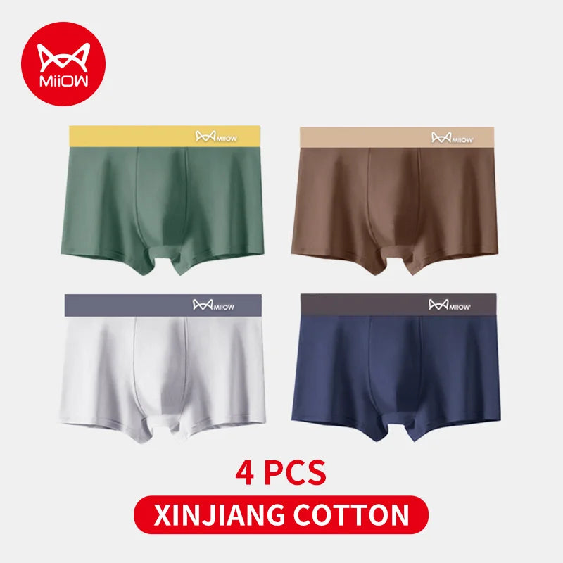 Four pairs of underwear in green, brown, white, and blue with MiiOW branding on a white background.