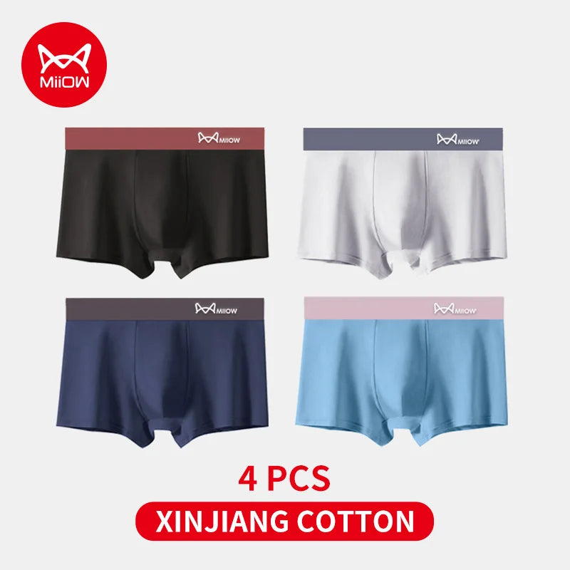 Four pairs of men's underwear in black, white, blue, and gray with MiiOW branding on a light gray background.