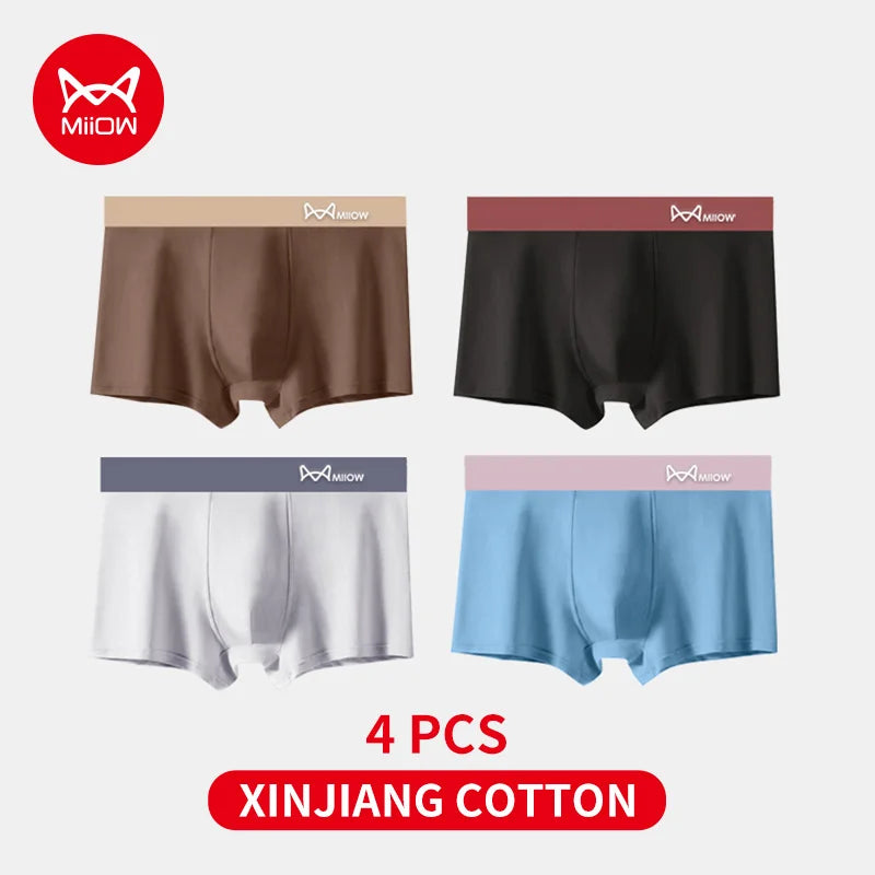 Four pairs of men's underwear in brown, black, white, and blue with MiiOW branding on a light gray background.