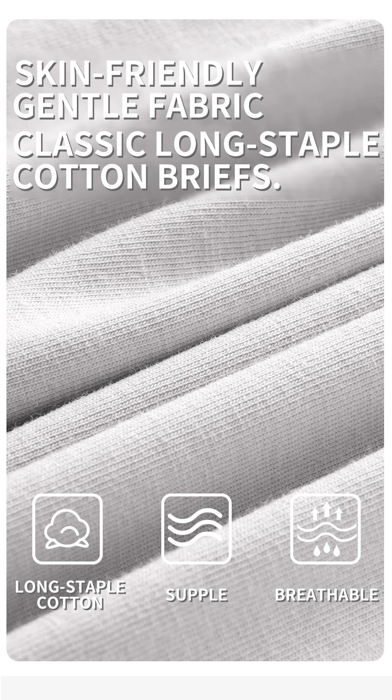 Text and icons highlighting skin-friendly, gentle fabric, long-staple cotton, supple, and breathable properties of classic long-staple cotton briefs.