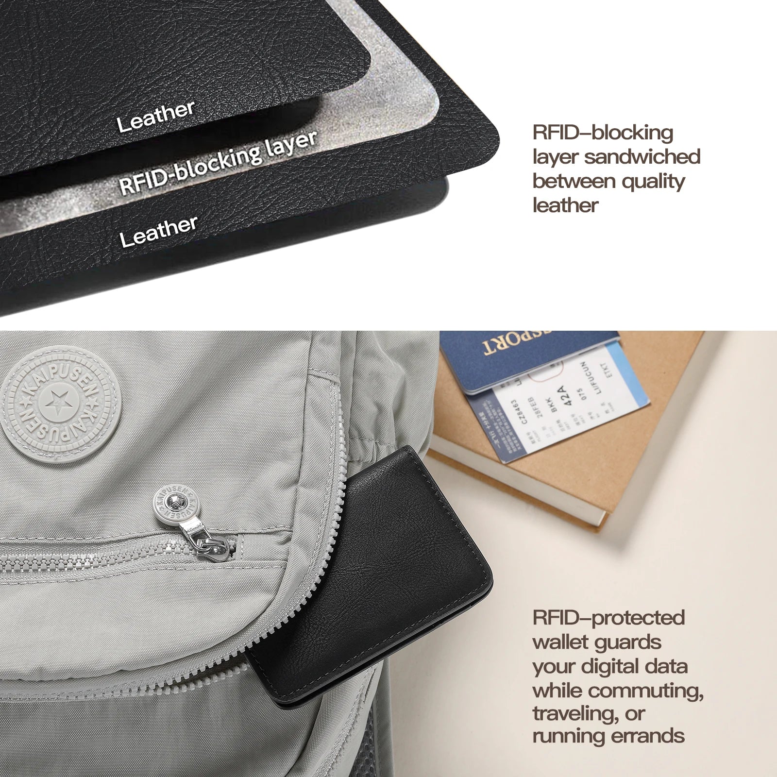 RFID-blocking wallet with leather layers and a Kipling bag in the background.