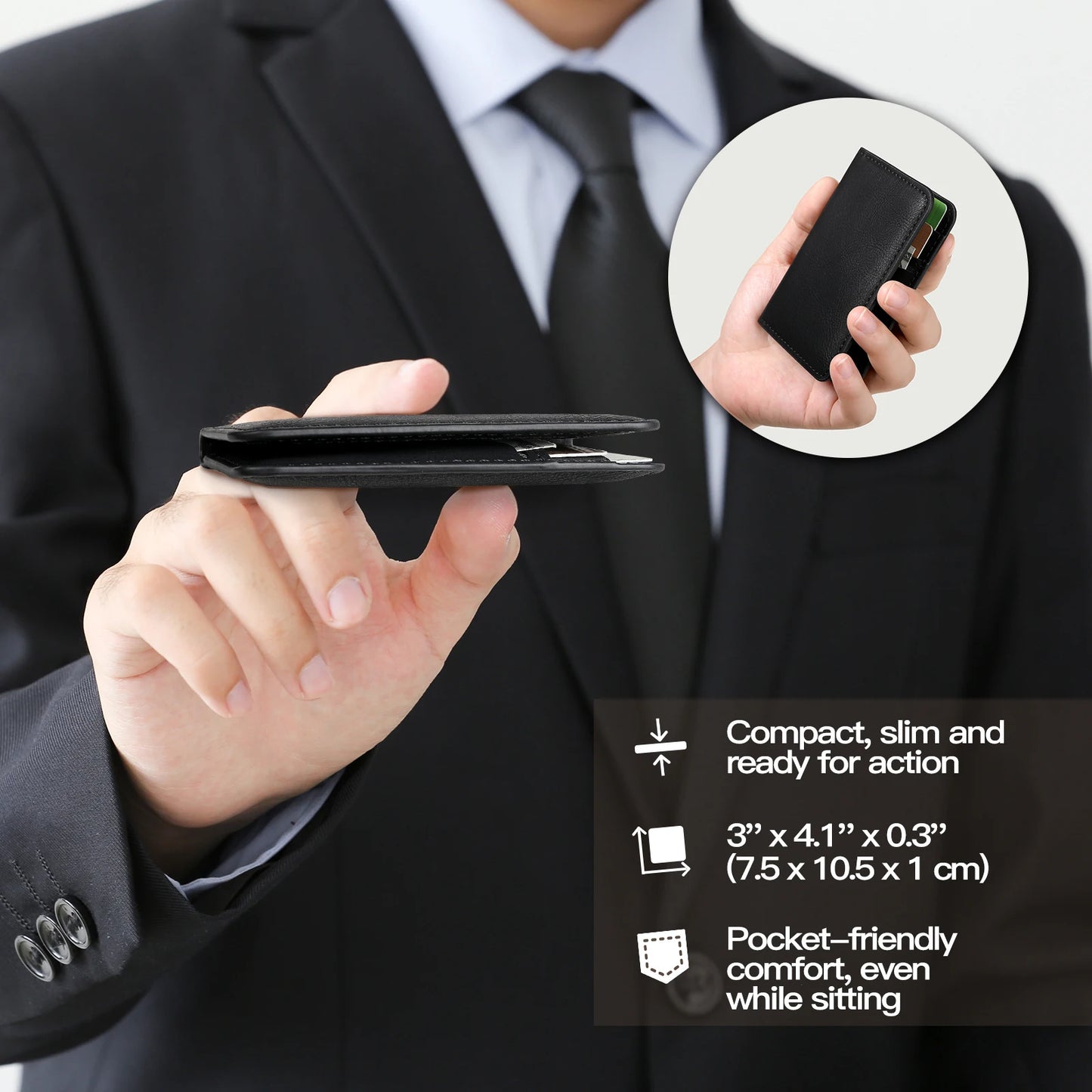 Person holding a compact black wallet with specifications displayed.