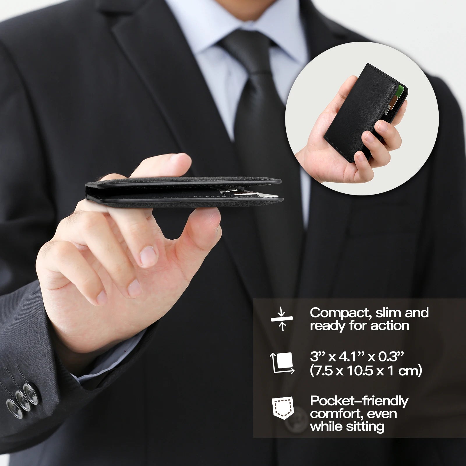 Person holding a compact black wallet with specifications displayed.