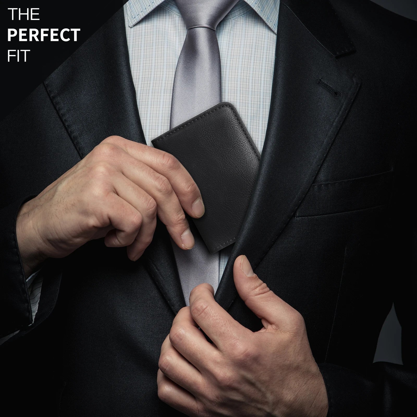 Person adjusting a black wallet in a suit jacket with 'The Perfect Fit' text.