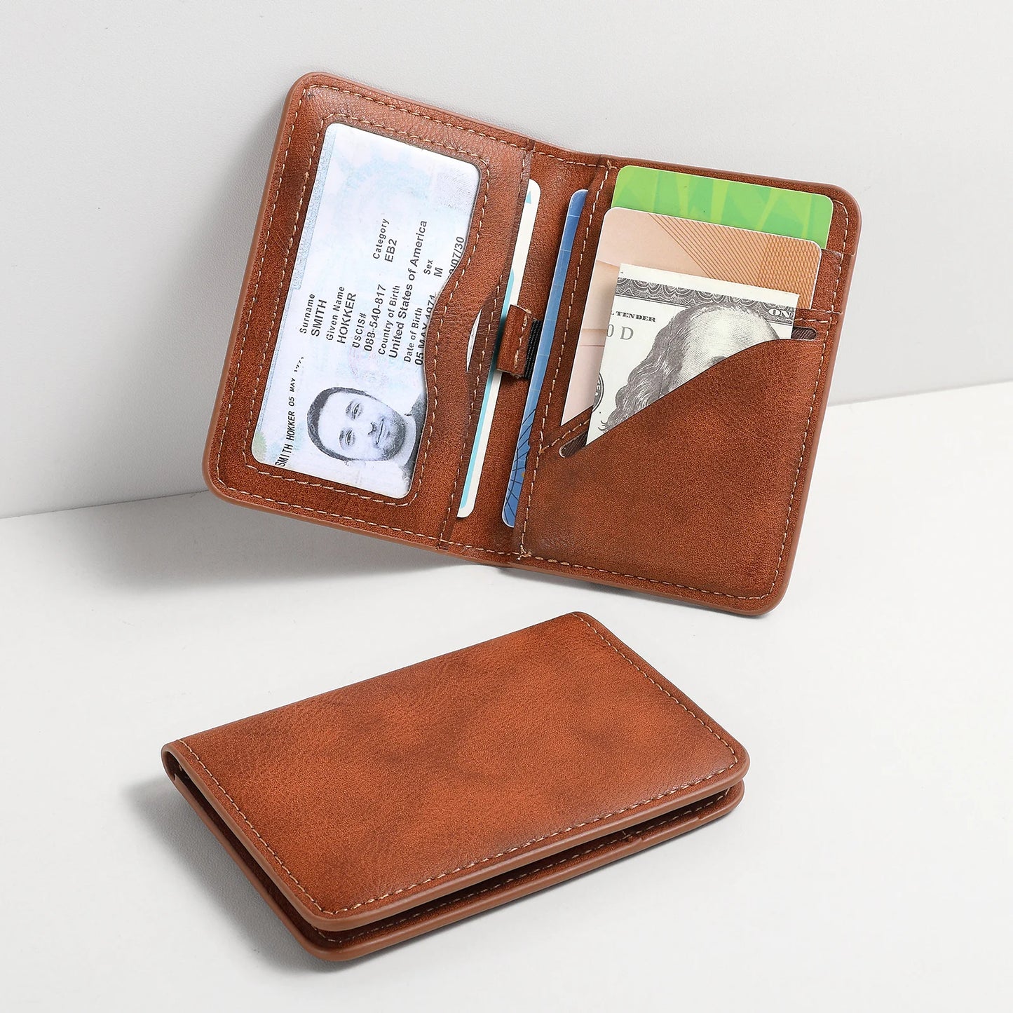 Brown leather wallet with card slots and money pocket on a white background
