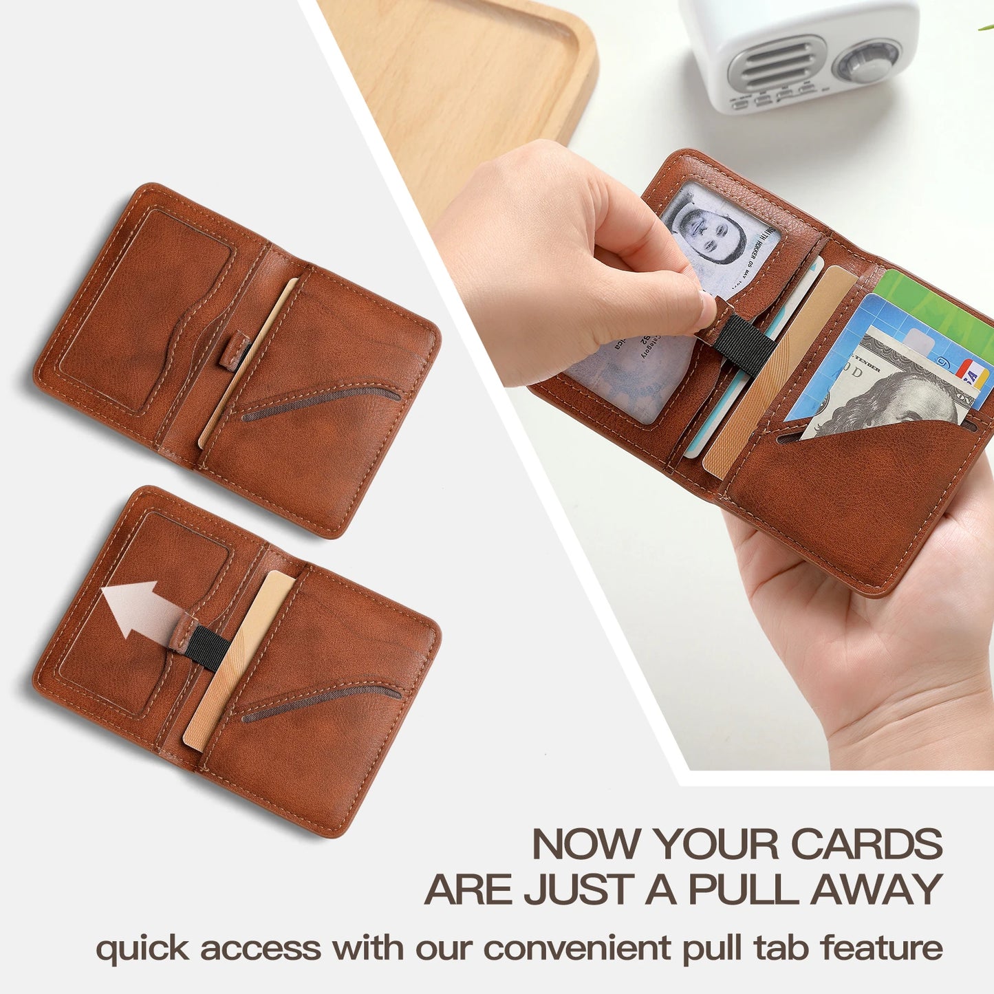 Brown leather wallet with pull tab feature, showing card access.