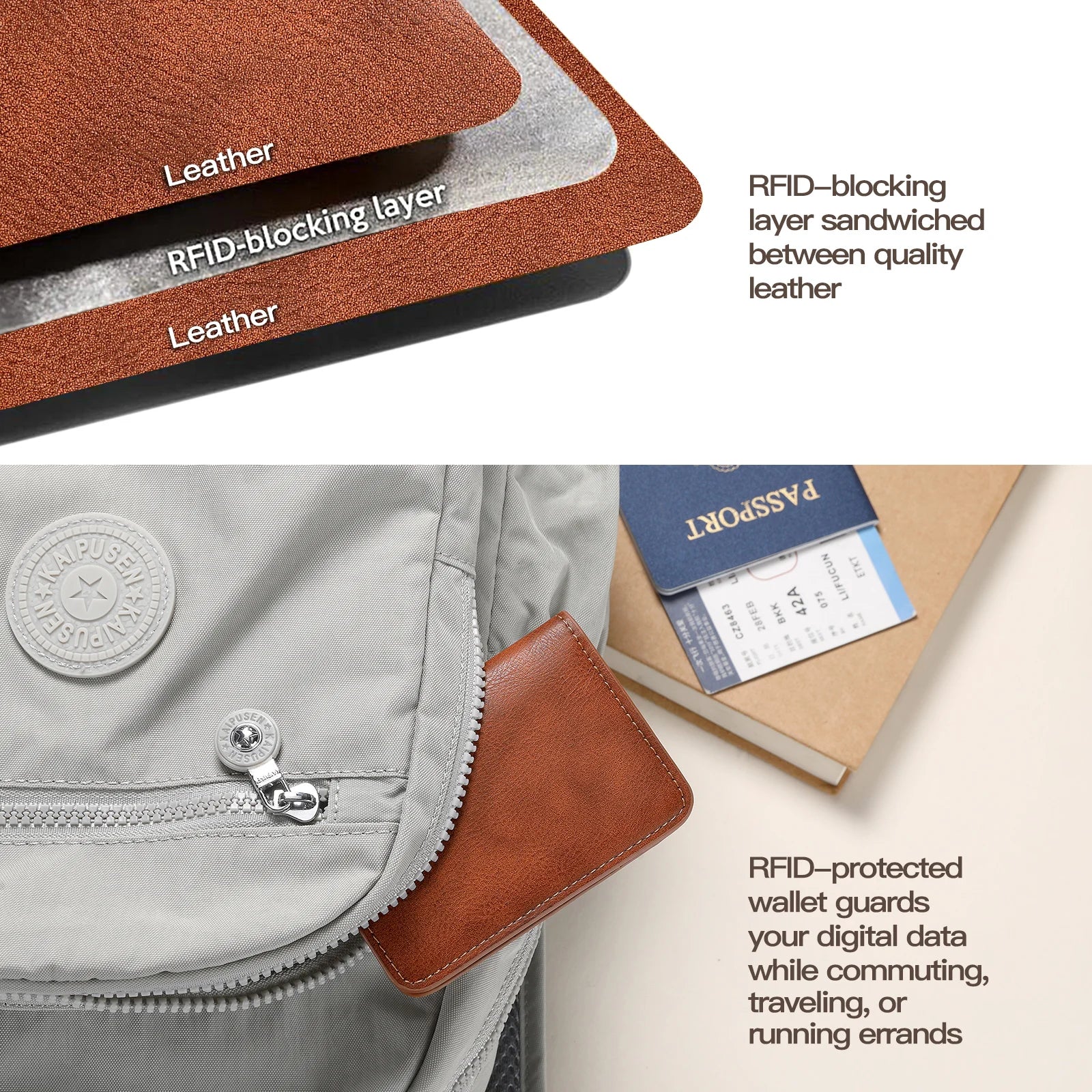 Close-up of a leather wallet with an RFID-blocking layer, shown on a gray bag with a passport and ticket.