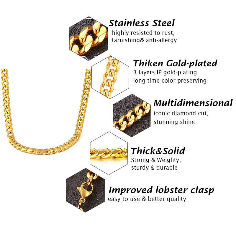 Gold chain necklace with features highlighted on a white background