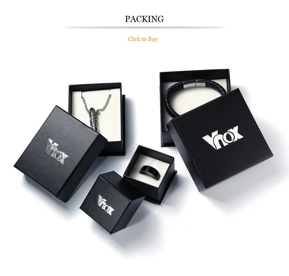 Jewelry packaging with 'Vnox' branding on a white background