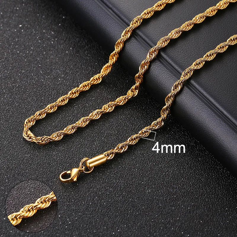 Gold rope chain necklace on a black background with a close-up of the clasp.