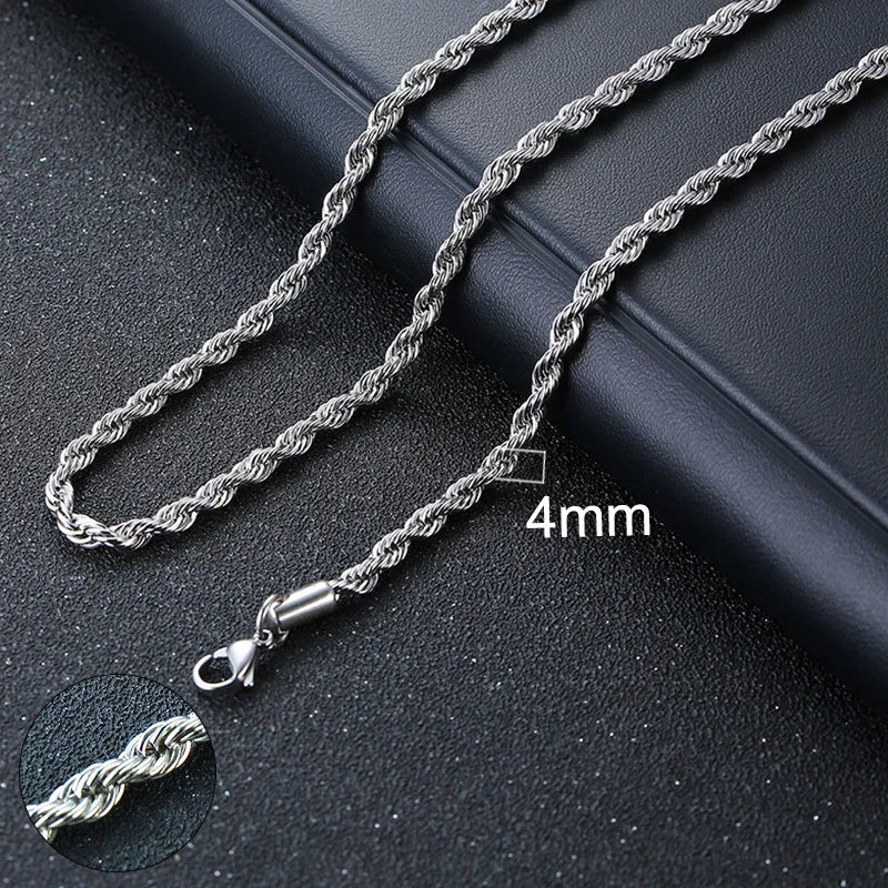 Silver rope chain necklace on a dark surface with a close-up inset showing the chain detail.
