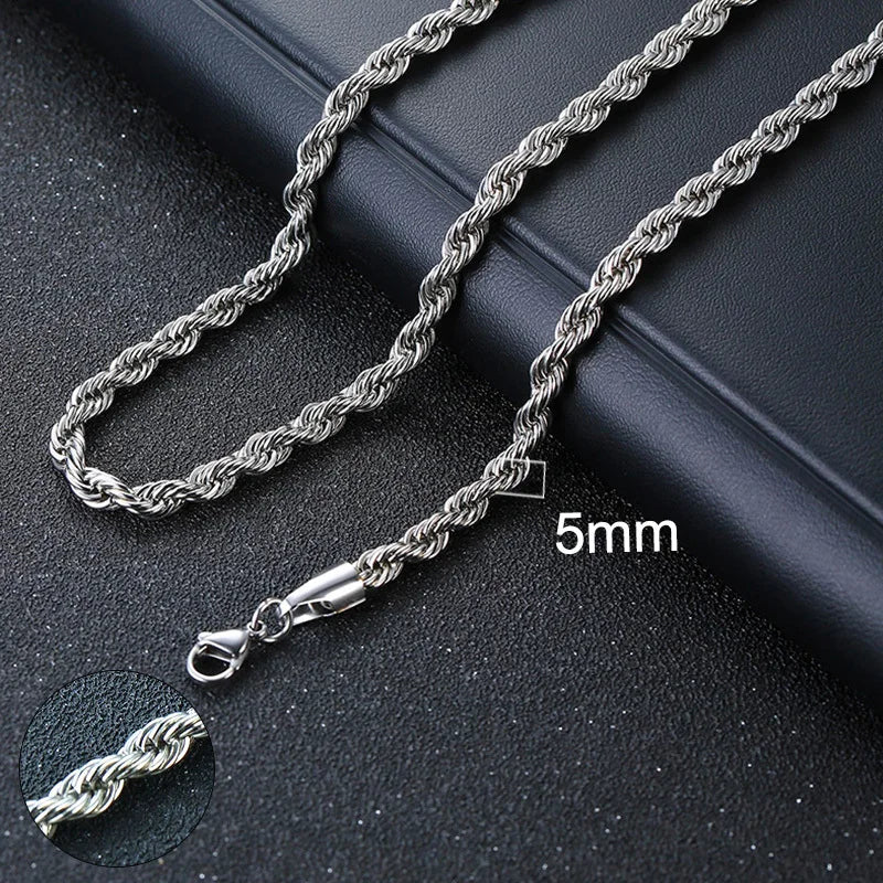 Silver rope chain necklace on a dark surface with '5mm' text