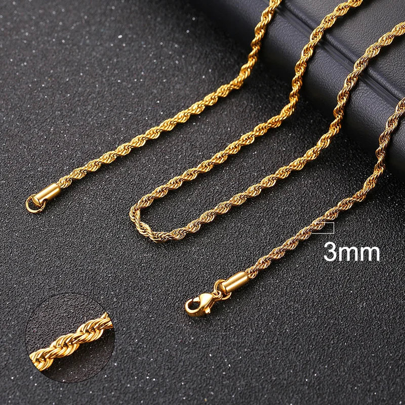 Gold rope chain necklace on a black background with a close-up of the chain width.