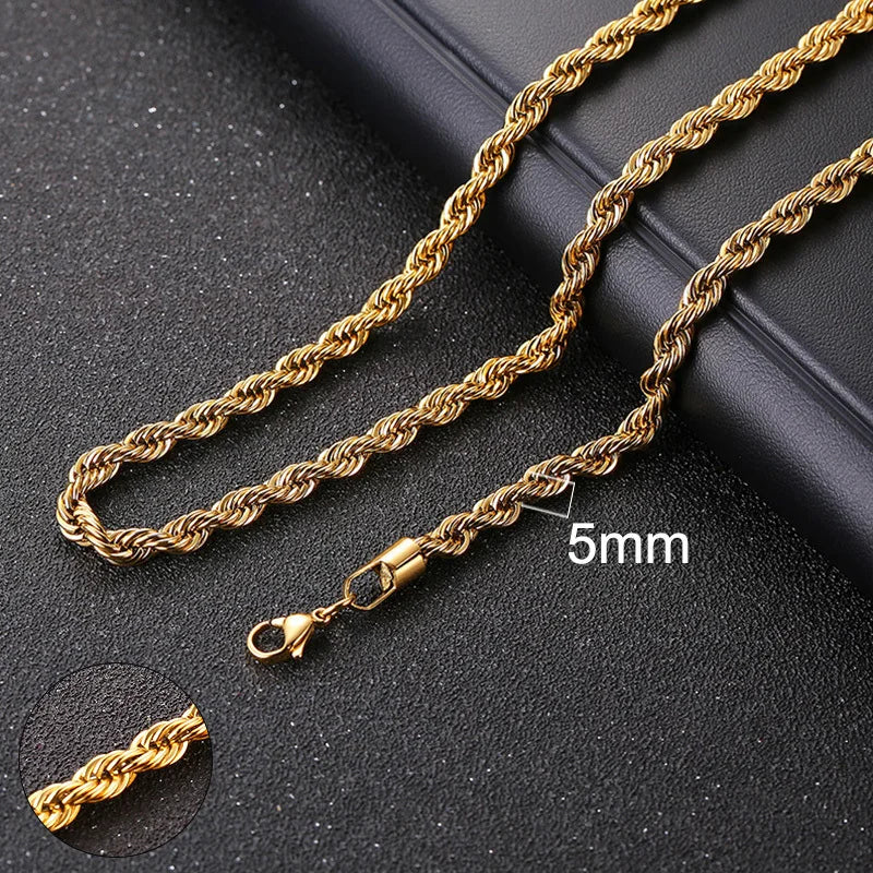 Gold rope chain necklace on a black background with '5mm' label