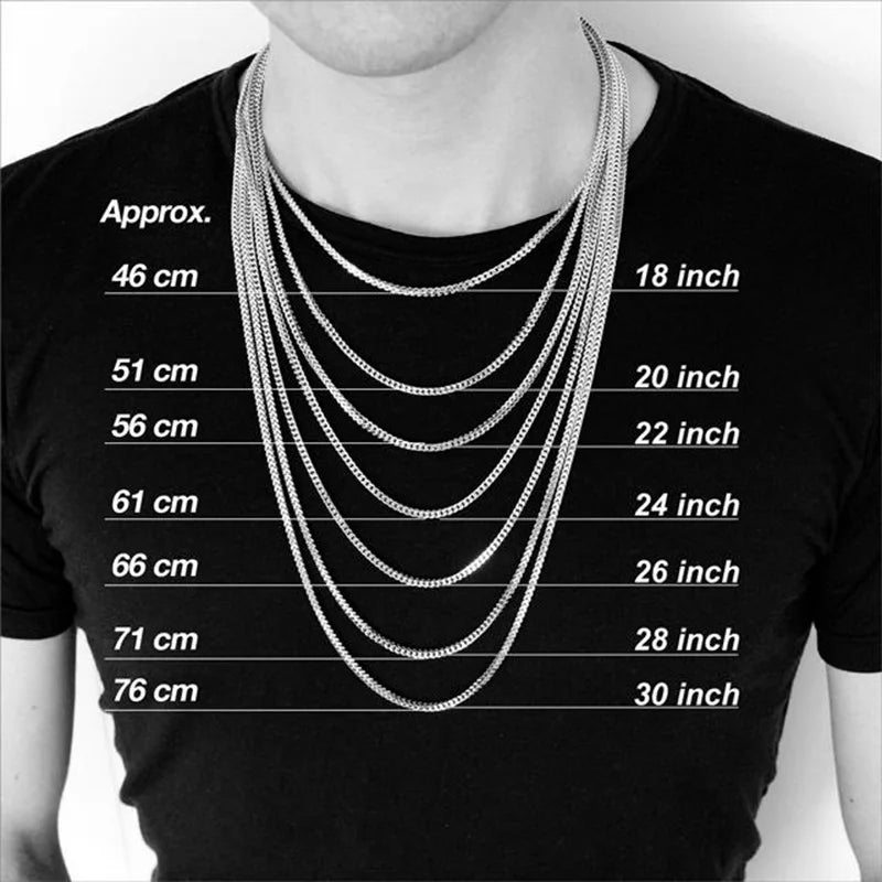 Measurement chart of necklaces on a person wearing a black shirt.
