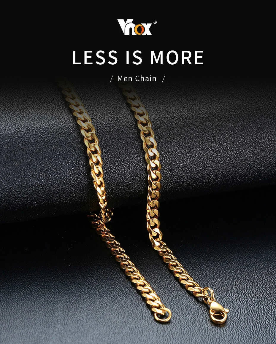 Gold chain on a dark background with 'Vnox' branding and 'LESS IS MORE' text.