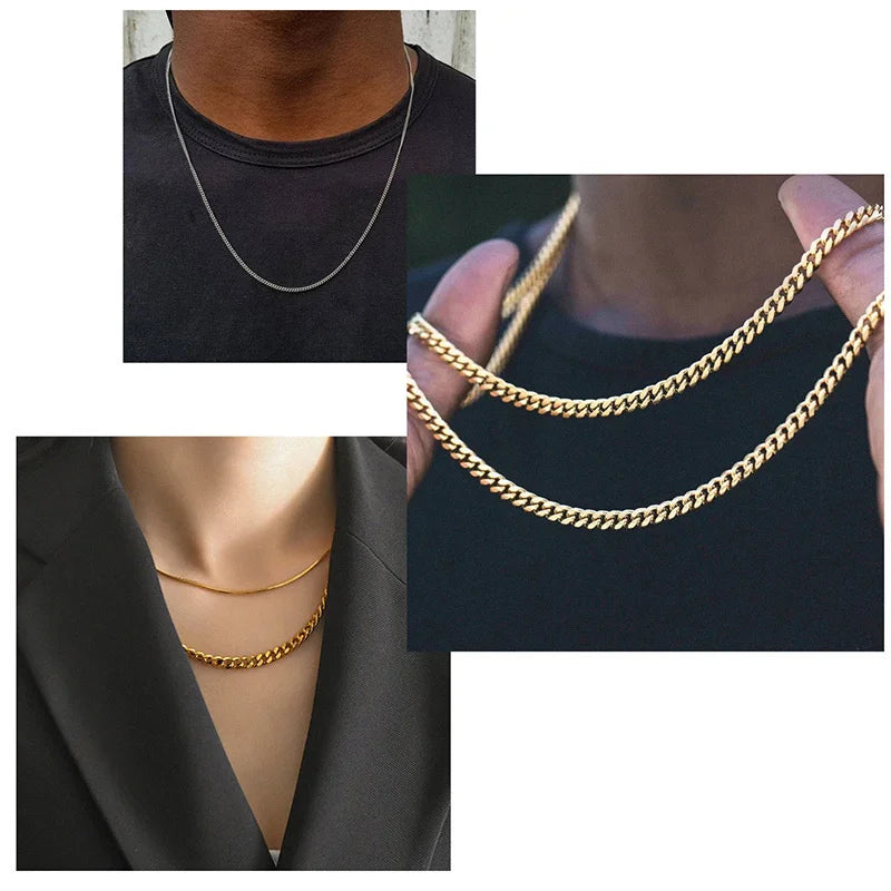 Collage of gold chain necklaces on a person wearing black clothing.