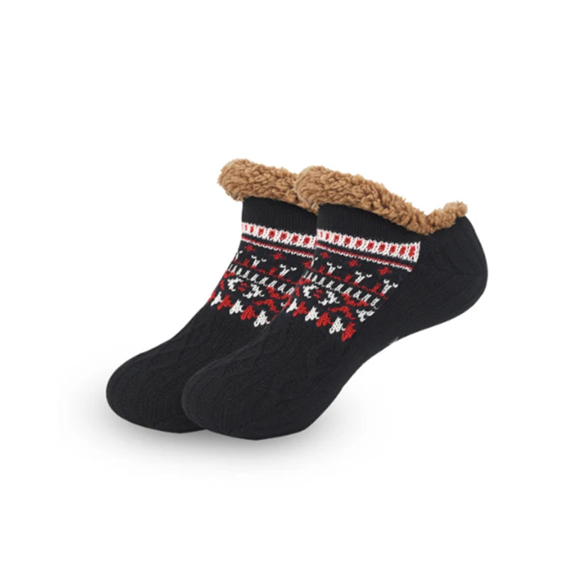 Black socks with patterned top and brown fuzzy trim on a white background
