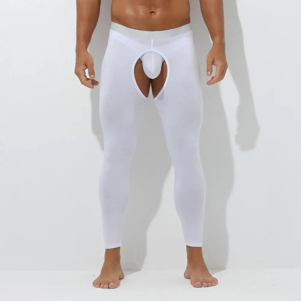 Men’s Thermal Open Crotch Leggings – white winter base layer tights.