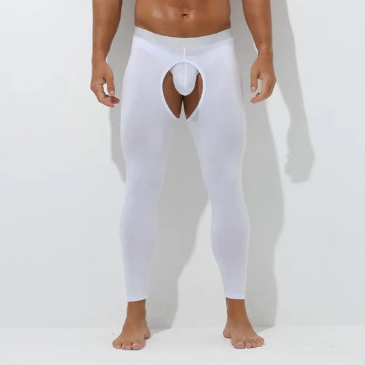 Men’s Thermal Open Crotch Leggings – white winter base layer tights.