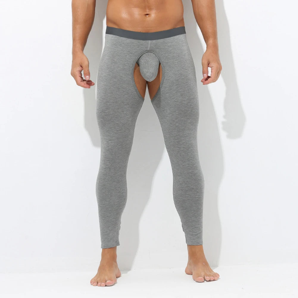 Men’s Grey Thermal Open Crotch Leggings – tight fit underwear for cold weather.