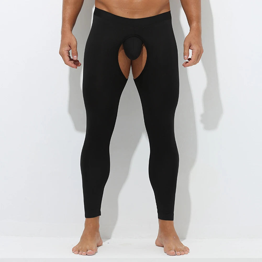 Men’s Black Thermal Open Crotch Leggings – tight fit underwear for cold weather.