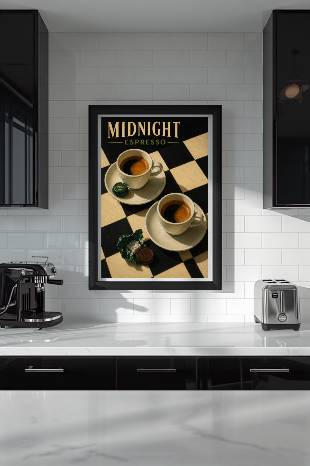 A framed vintage-style coffee poster reading 'MIDNIGHT ESPRESSO' hangs on a white subway-tile kitchen wall above a countertop with a coffee machine and toaster.