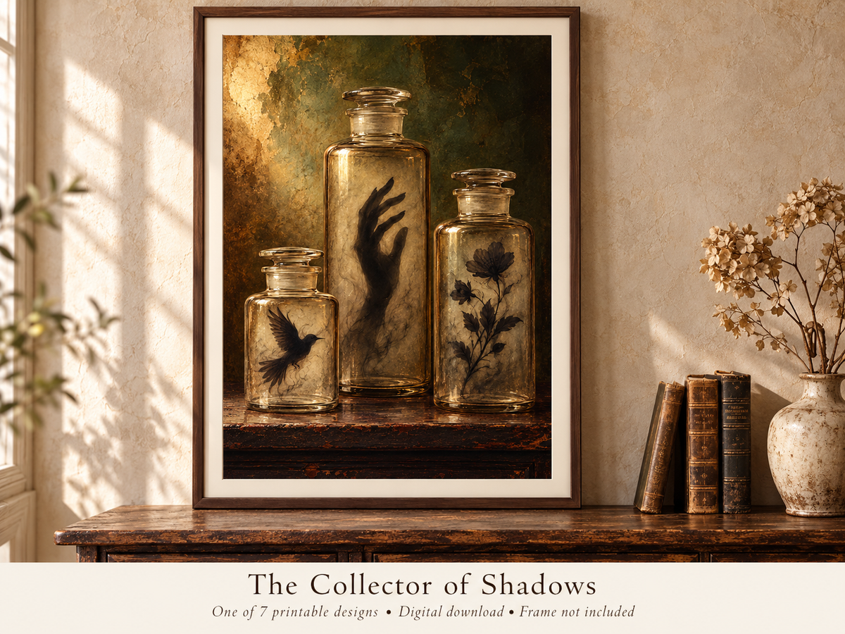 A framed art print titled 'The Collector of Shadows' displayed on a wooden console table in a styled room. The print features three vintage glass apothecary bottles with black silhouettes of a hand, a bird, and a flower against a dark, textured background.