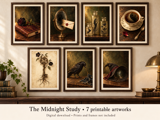 Seven framed dark academia artworks arranged above a wooden console: a rose on a spellbook, mirror and letter, shadow jars, staircase teacup, rooted key, crow and witch’s hat. Text identifies the set as a digital download.