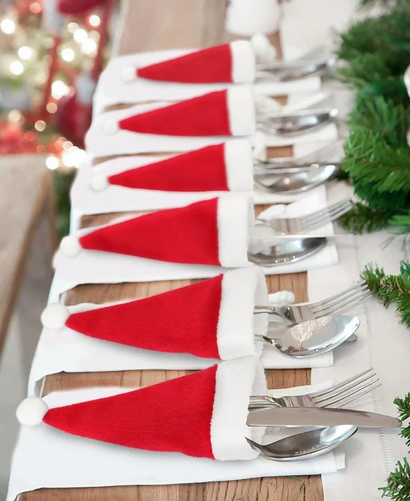 Mini Christmas Hat Cutlery Holders on festive table setting