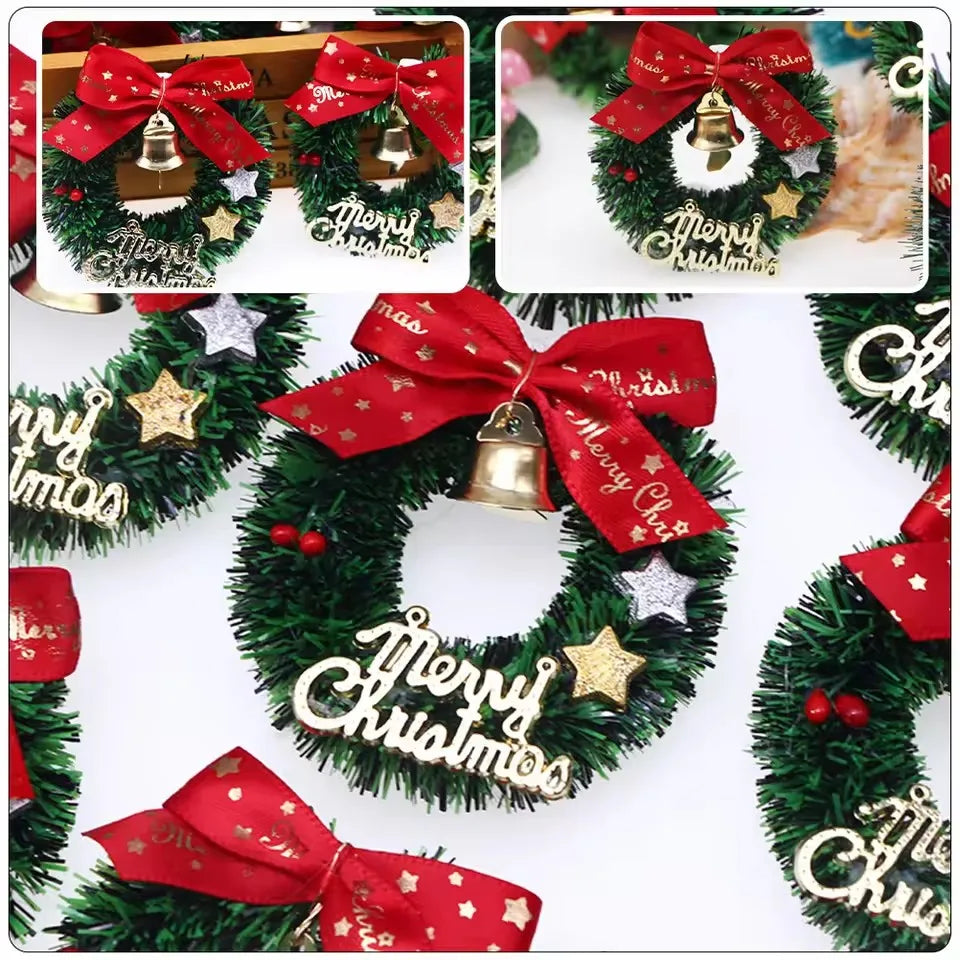 Collage of Christmas wreaths with red bows, gold bells, and 'Merry Christmas' decorations.