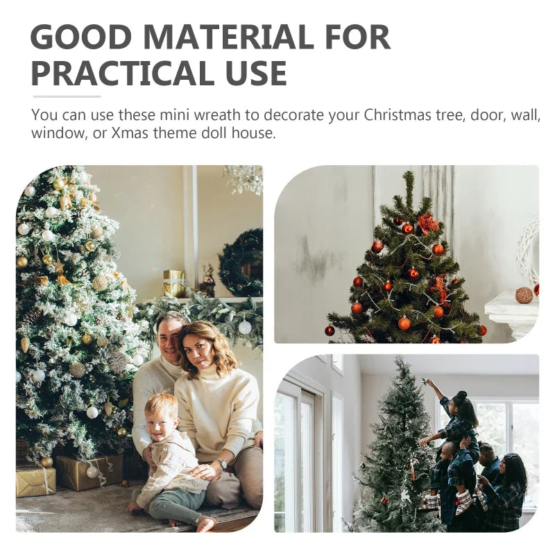Collage of people decorating Christmas trees with text about using mini wreaths for practical use.
