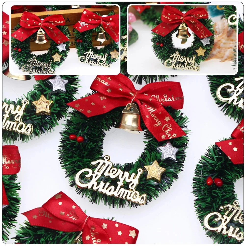 Decorative Christmas wreath with red bows, gold bells, and 'Merry Christmas' decorations on a white background.