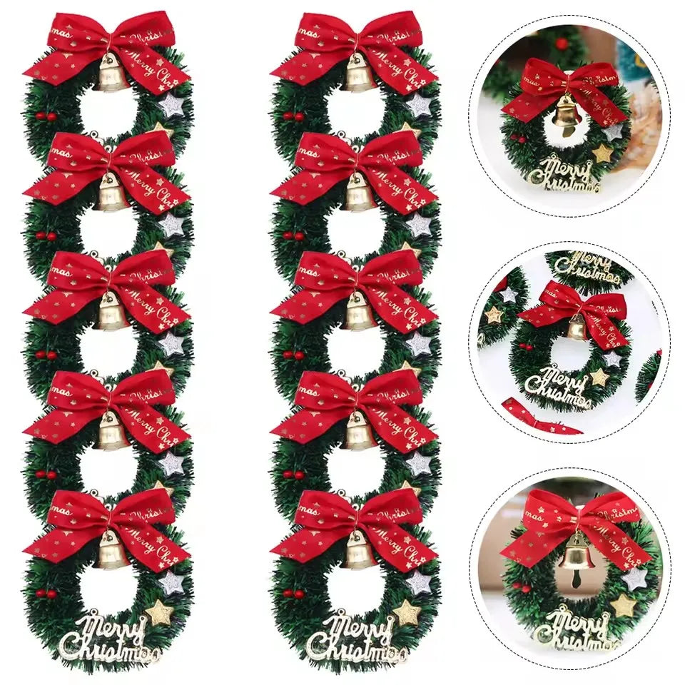 Set of Christmas wreaths with red bows and gold bells, featuring 'Merry Christmas' text.