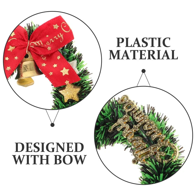 Decorative wreath with a red bow and gold bells, labeled 'Plastic Material' and 'Designed with Bow'.