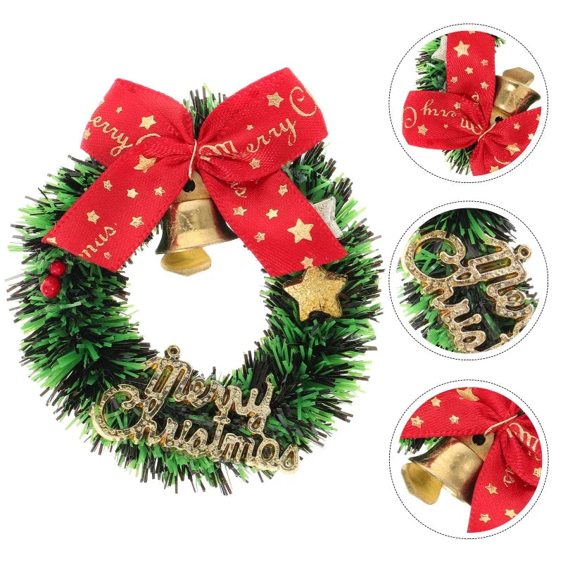 Christmas wreath with red bow, gold bells, and 'Merry Christmas' decorations on a white background.