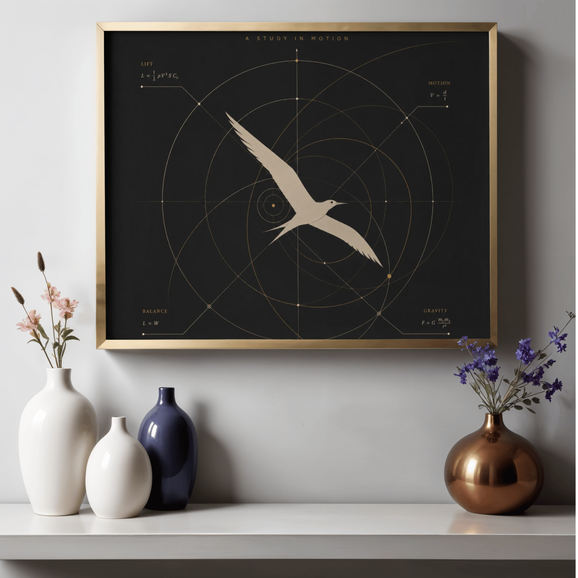 Framed artwork with a bird design on a wall above a shelf with decorative vases.