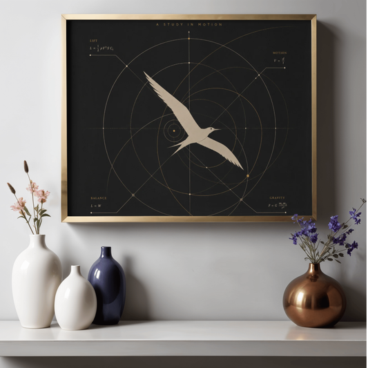 Framed artwork with a bird design on a wall above a shelf with decorative vases.
