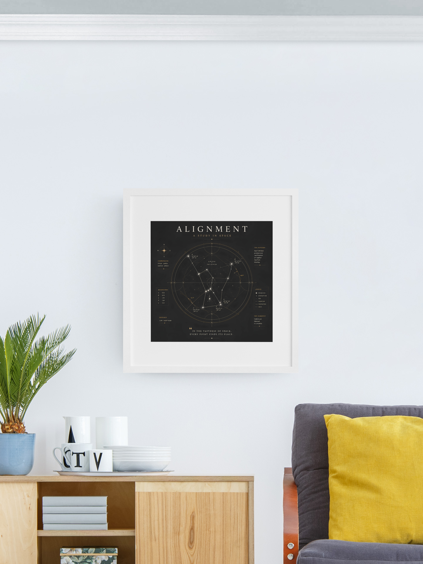 Minimalist constellation wall art displayed above a sideboard in a bright Scandinavian-style living room.