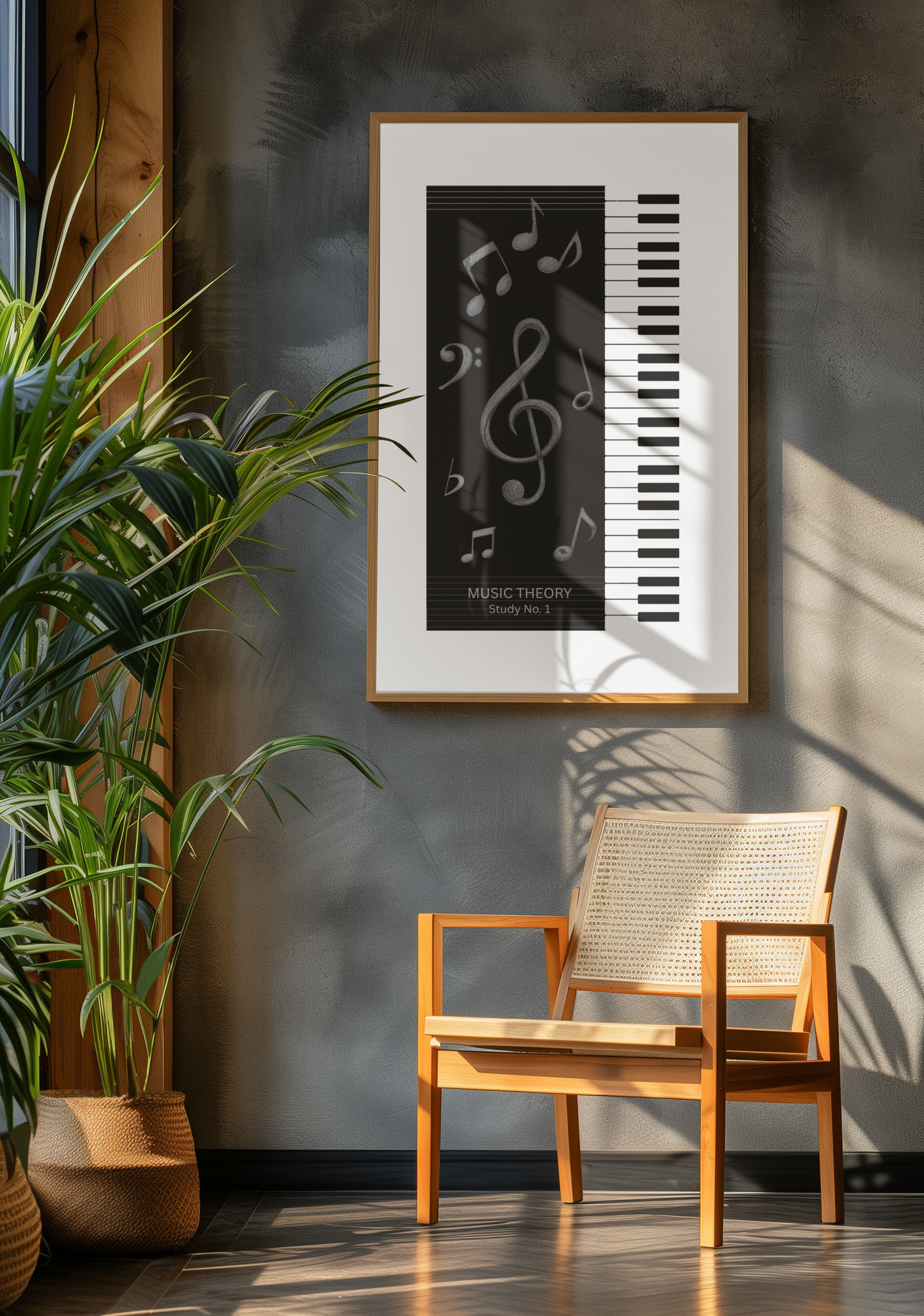 Minimalist music theory poster with piano keyboard and musical notes wall art