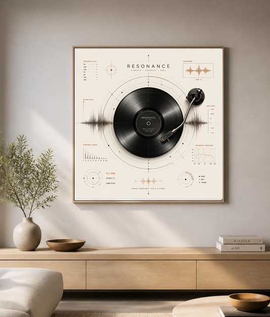 Framed minimalist vinyl record wall art displayed above a modern sofa, featuring geometric sound diagrams and warm copper accents in a contemporary living room.