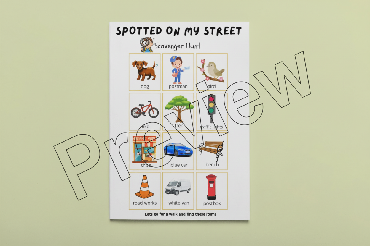 Scavenger hunt sheet with icons and text on a beige background