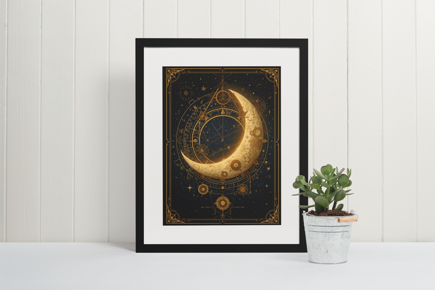 Steampunk crescent moon wall art featuring antique gold clockwork gears and celestial astronomy design on a dark night sky background