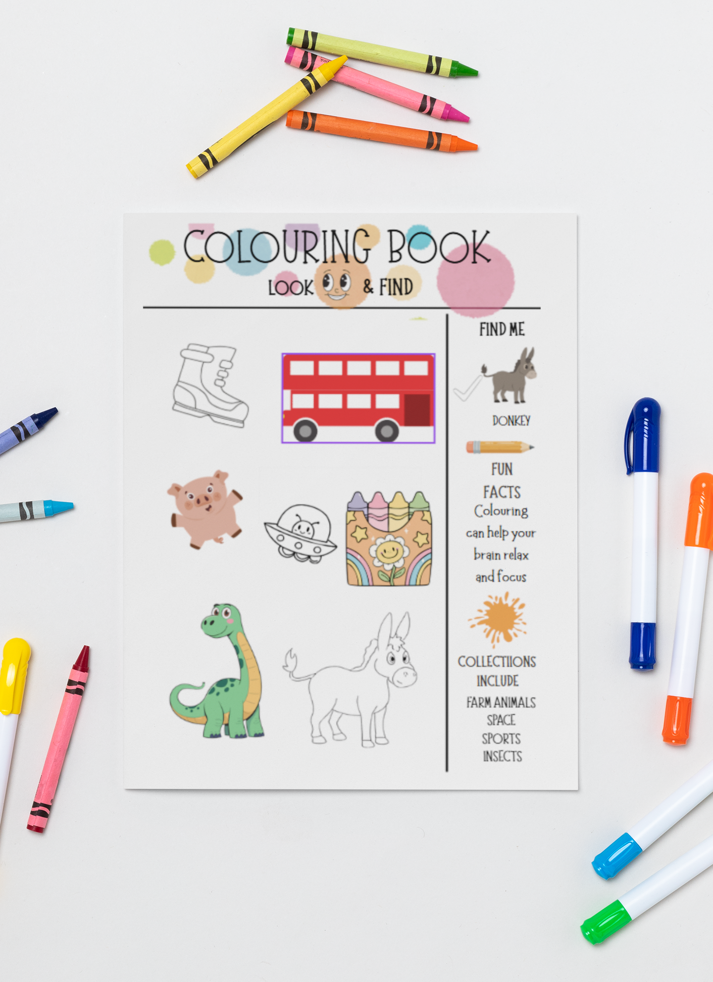 Kids Look and Find colouring book cover featuring fun themed illustrations and educational activities for children
