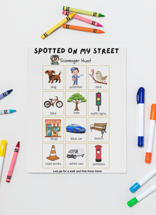 Scavenger hunt sheet with illustrations of objects to spot on a street, surrounded by colorful markers.