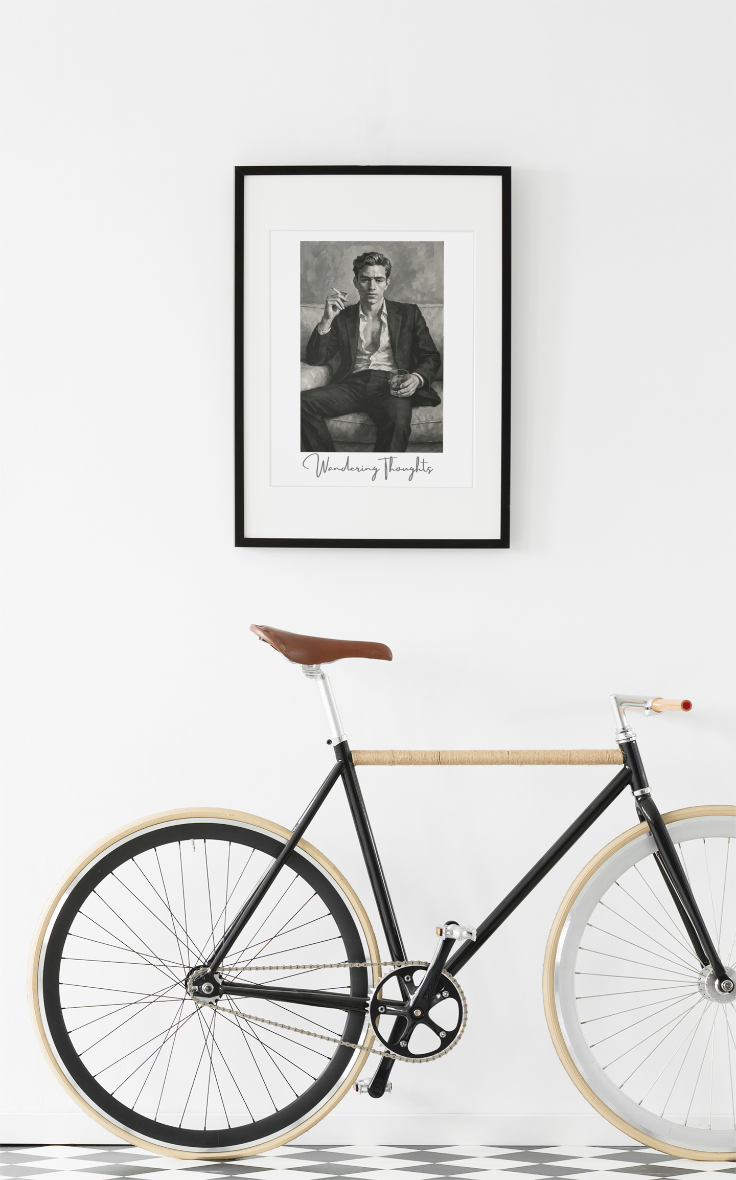 Contemplative Mood Poster. Stylish Man with Whiskey & Cigarette | Retro Decor